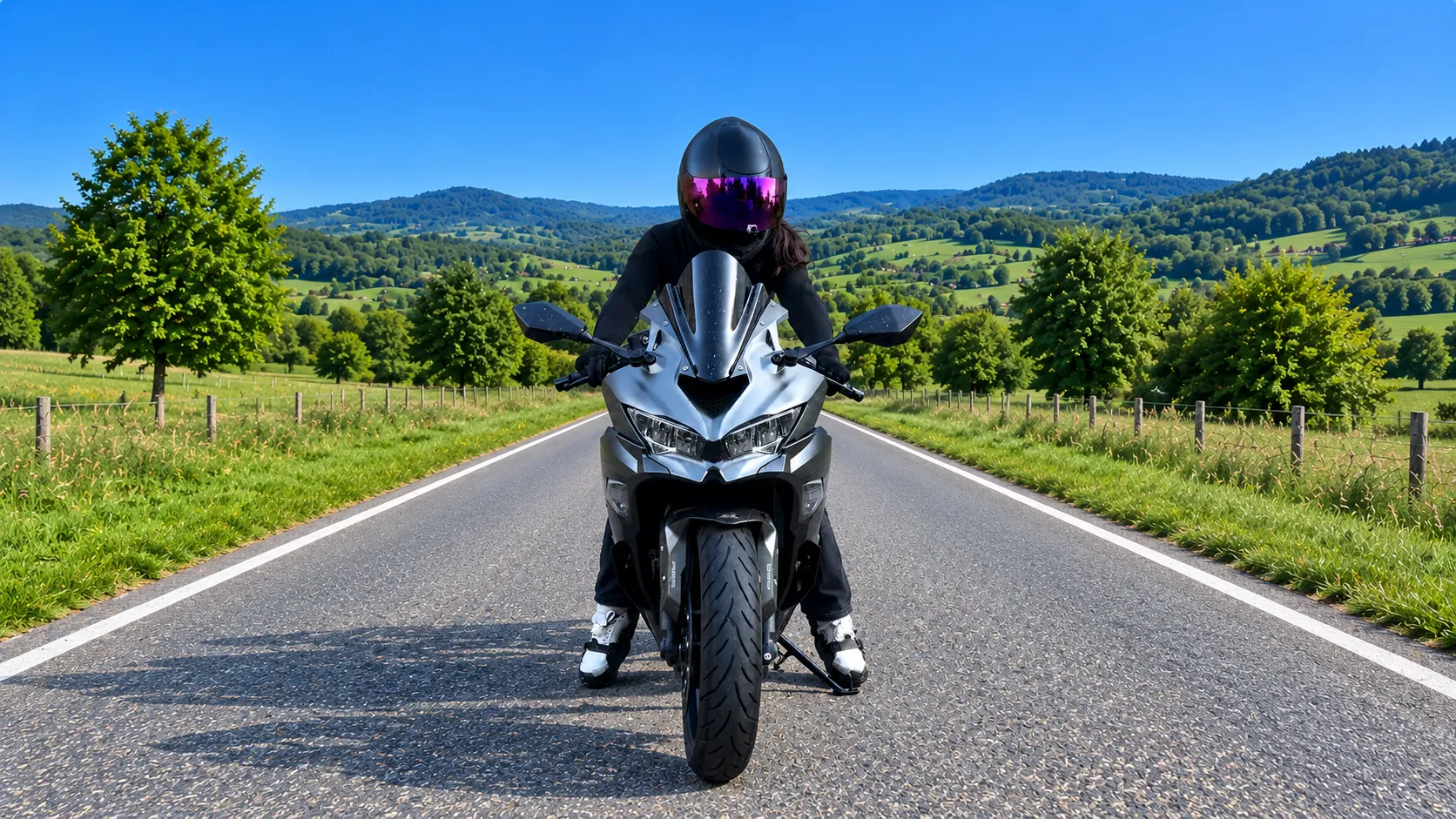 Motorista parada en la carretera con los dos pies en el suelo gracias a Upbikers